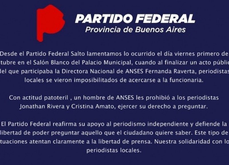 Comunicado del Partido Federal.