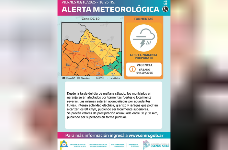 La Dirección de Defensa Civil Provincial emitió una alerta naranja por tormentas para Salto y la zona.